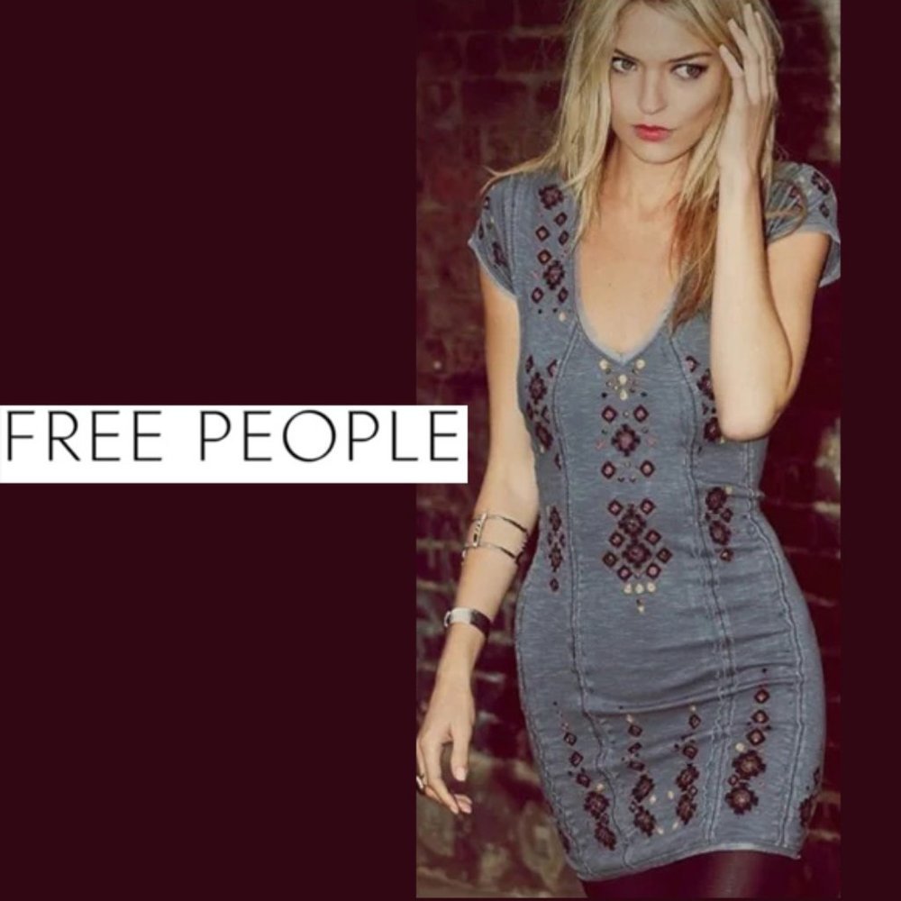 Free People Slate Blue Embroidered Mini Dress